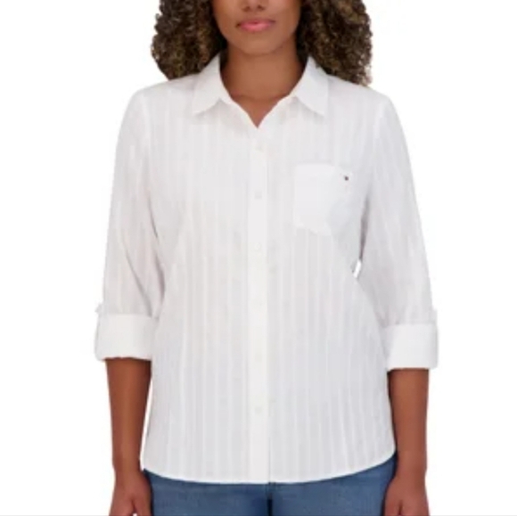 Tommy Hilfiger White Cotton Blouse Ladies XXL Roll Tab Long Sleeve Poplin Shirt - Picture 1 of 10